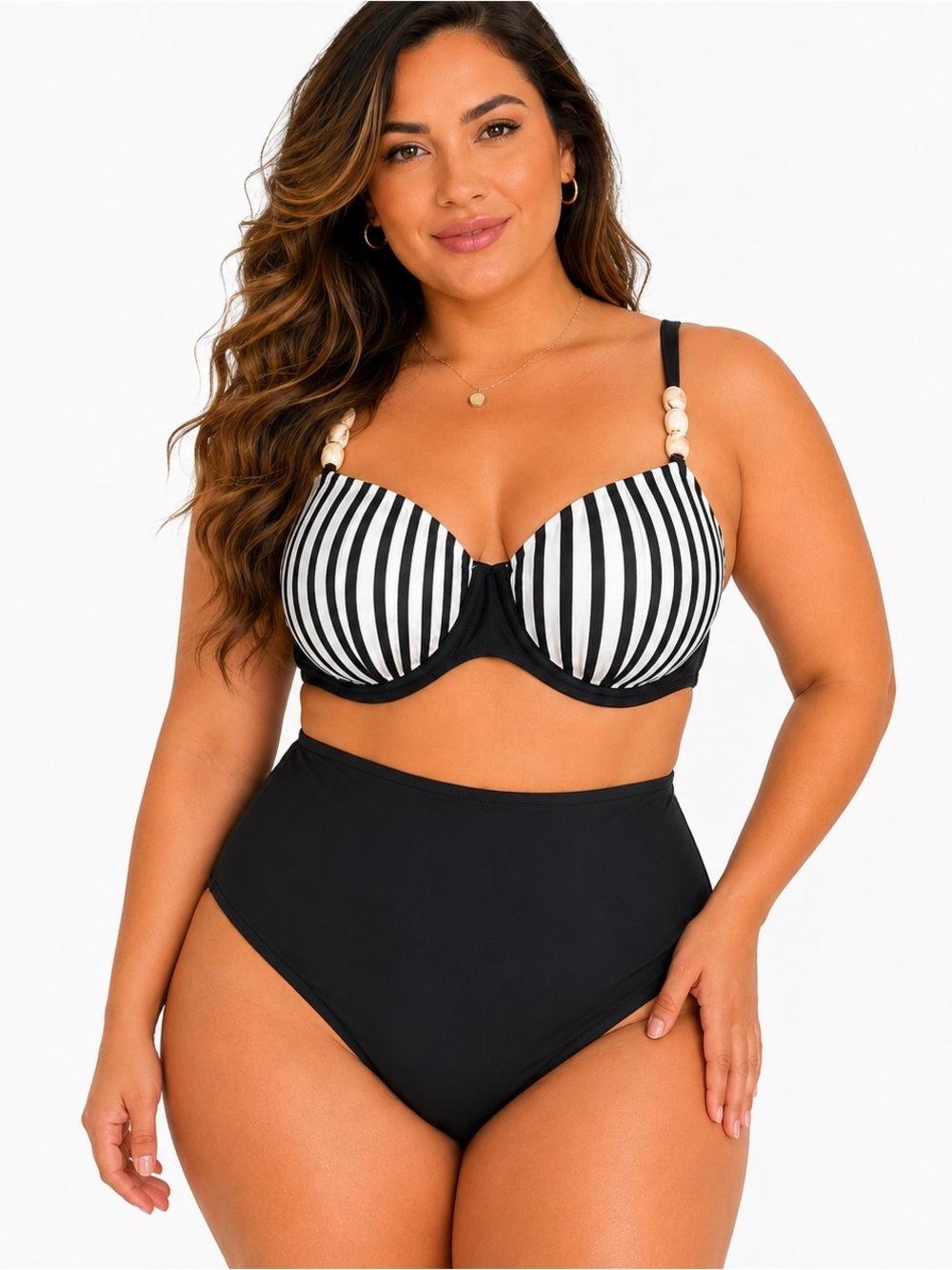 Plus Size Black & White Stripe Underwire Bikini Top and High Waist Bottom